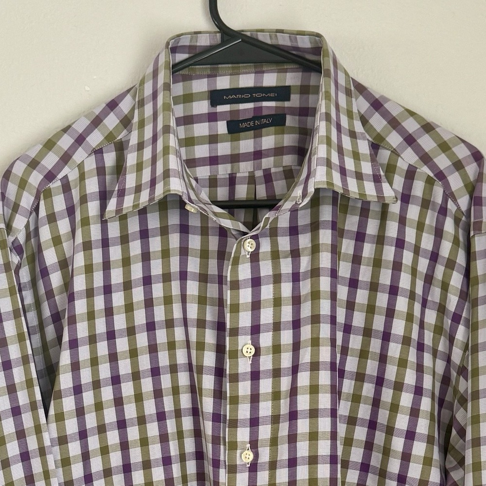 Mario Tomei Men's L Made In Italy 100% Cotton‎ Shirt Long Sleeve Purple Plaid